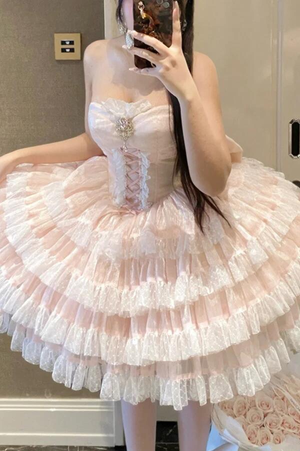 Sweet Pink Tulle Lace Layered A Line Short Homecoming Dress Birthday Outfits With Bow D3859