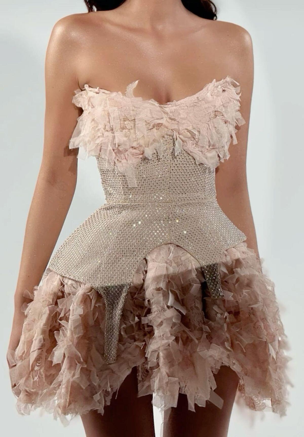 Pretty Pink Strapless Tulle Sequin A Line Short Homecoming Dress Cocktail Dress D4019