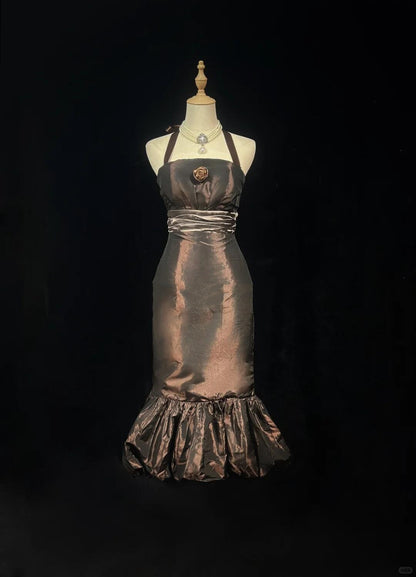 Vintage Dark Brown Satin Sheath Short 7th Grade Homecoming Dress,Halter Mini Party Dress D3384