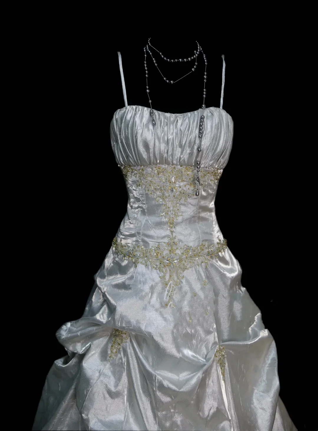Chic Ball Gown Spaghetti Straps White Satin Pleated Beaded  Long Party Dress Evening Dress D4514