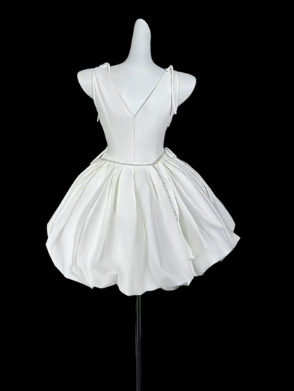 Simple Sleeveless White Satin A Line Short Birthday Party Dress,Mini Homecoming Dress D4175