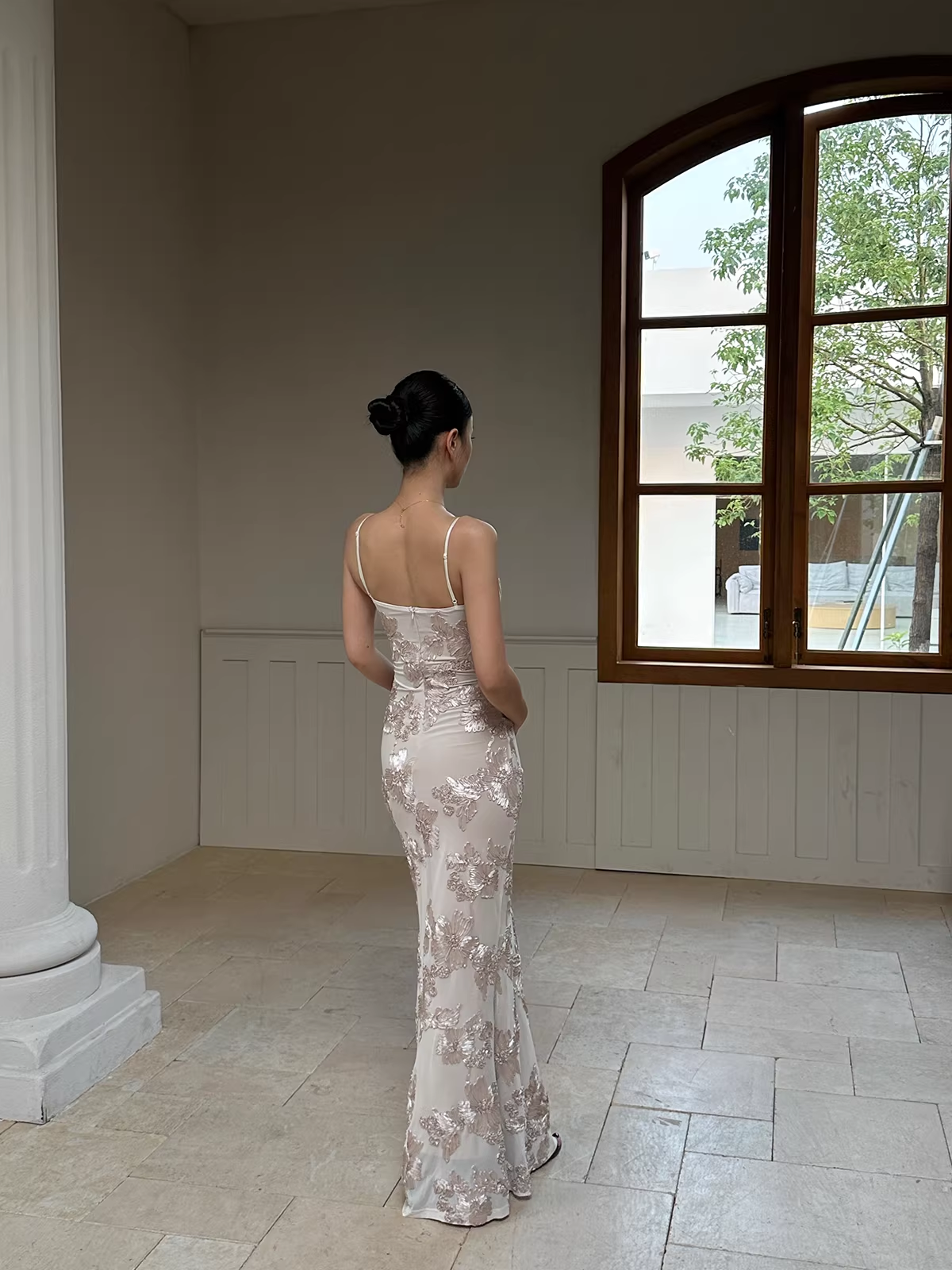 Unique Champagne Satin Floral Mermaid Evening Dress Spaghetti Straps Long Party Gown D2129