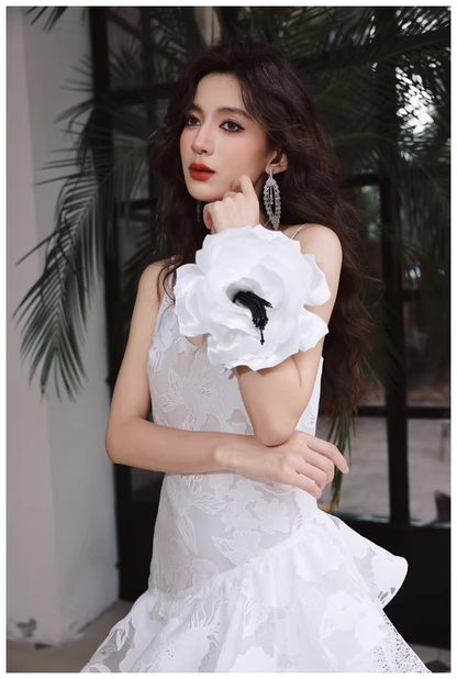 Fairy Spaghetti Strap White Lace Ruffle Layered Mermaid Long Prom Dress Evening Gowns D2426