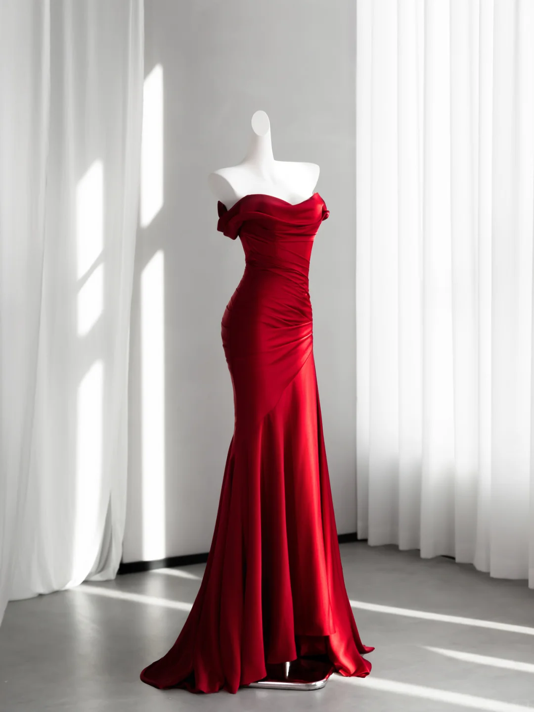 Classy Red Satin Pleated Mermaid Long Evening Dress Off The Shoulder Wedding Guest Dress D2468