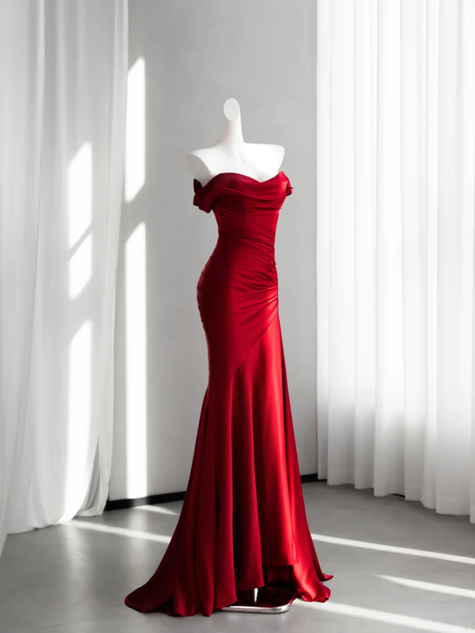 Classy Red Satin Pleated Mermaid Long Evening Dress Off The Shoulder Wedding Guest Dress D2468