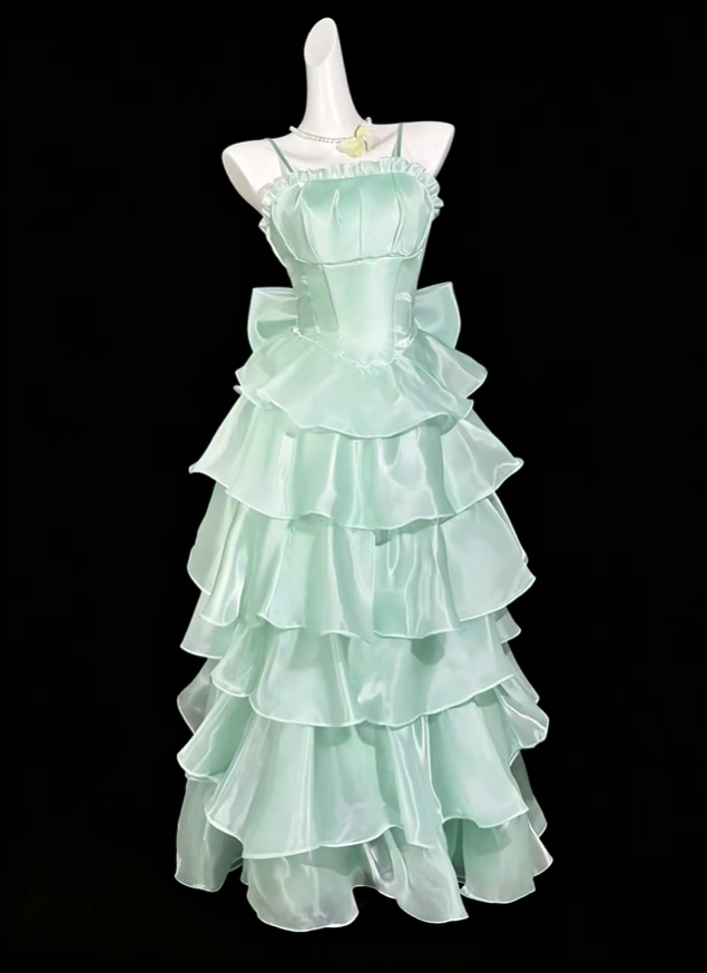 Elegant Spaghetti Straps Green Satin Tulle Layered Long Party Dress Evening Dress With Bow D4172