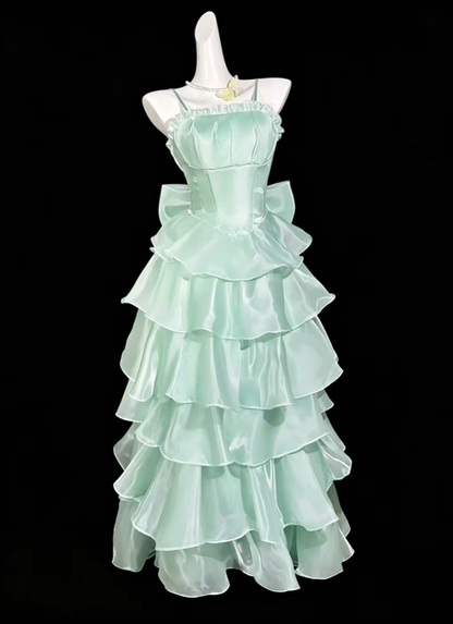 Elegant Spaghetti Straps Green Satin Tulle Layered Long Party Dress Evening Dress With Bow D4172