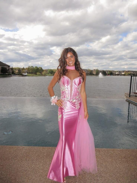 Gorgeous Pink Satin Mermaid Long Party Dress Spaghetti Straps Long Wedding Guest Dress D4414