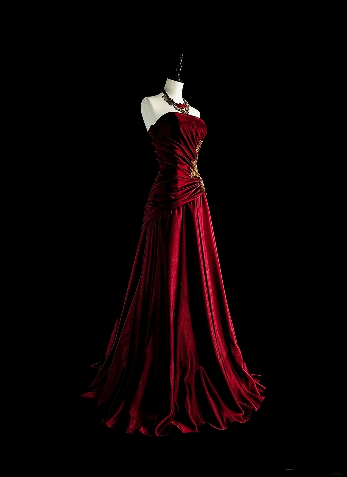 Vintage Strapless Satin Pleated Appliques Evening Dress Burgundy Long Party Dress D5376