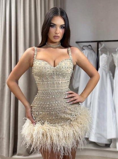 Gorgeous Spaghetti Straps Champagne Tulle Beaded Feathers Short Homecoming Dress Birthday Outfit D4093