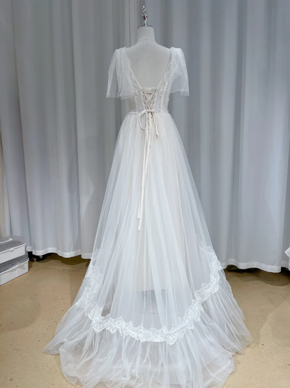 Pretty White V Neck Tulle Lace Long Wedding Dress Formal Bridal Dress D2466