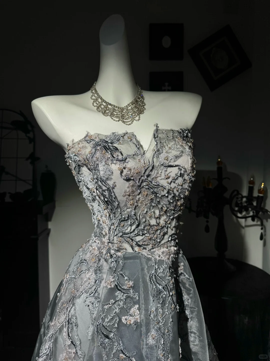 Glamorous Gray Strapless Tulle Appliques Beaded Long Party Dress Evening Gown D3729