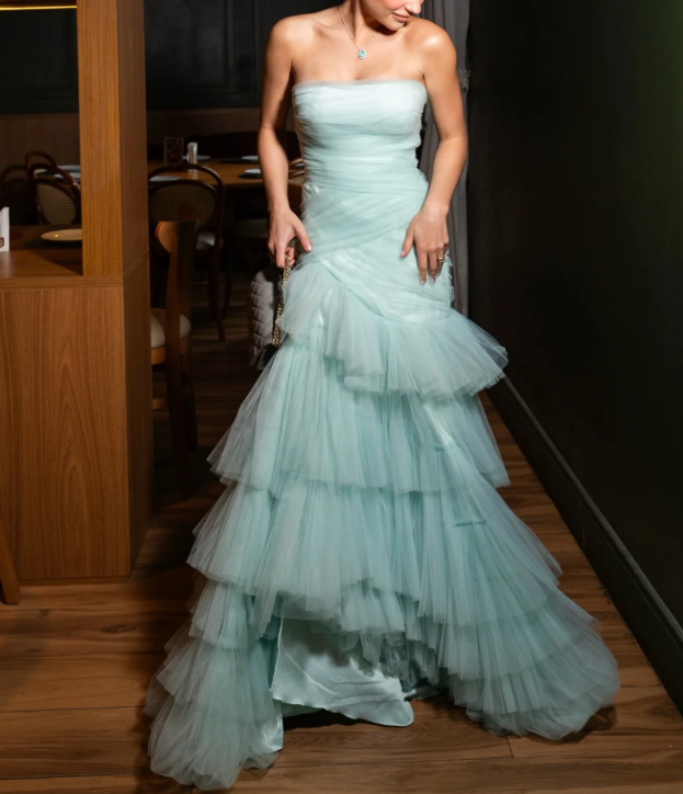Classy Blue Strapless Tulle Pleated Layered Mermaid Long Prom Dress Birthday Party Gown D3815