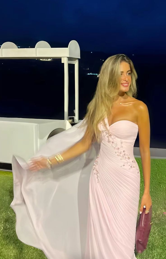 Pretty One Shoulder Pink Chiffon Beaded Prom Gown Long Wedding Guest Dress D1038