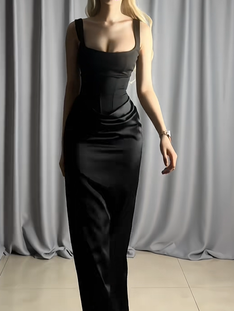 Fashion Black Spaghetti Straps Satin Sheath Long Wedding Guest Dress Formal Evening Dresses D2492