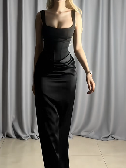 Fashion Black Spaghetti Straps Satin Sheath Long Wedding Guest Dress Formal Evening Dresses D2492