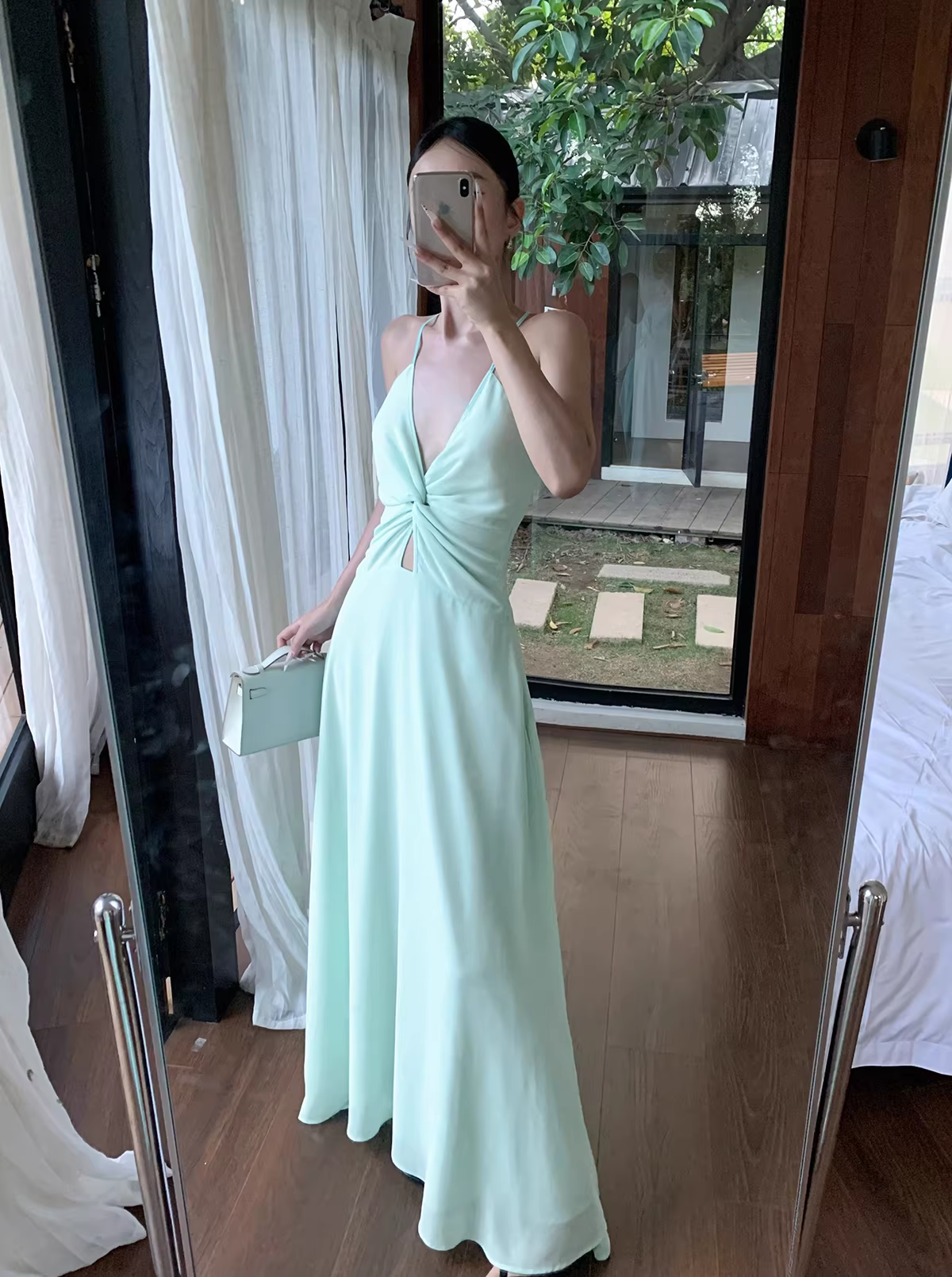 Simple Spaghetti Straps V Neck Green Chiffon A Line Long Party Dress Evening Dress D2090