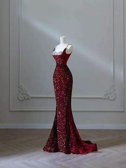 Sexy Mermaid Spaghetti Straps Sequin Burgundy Long Prom Dresses SD1515