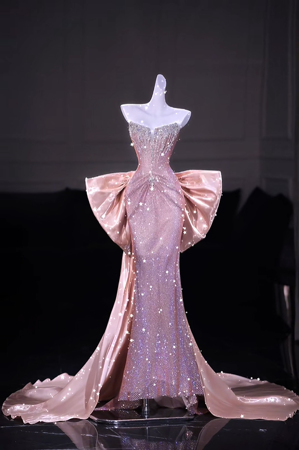 Glamorous Pink Sequin Beaded Mermaid Long Evening Dress Party Dress With Bow D5209