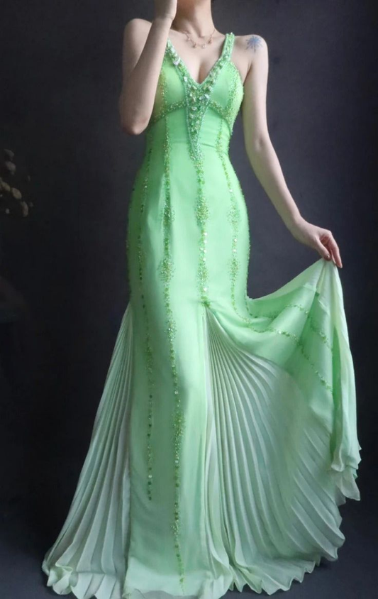 Classy V Neck Green Chiffon Beaded Mermaid Long Party Dress Evening Gown D1903