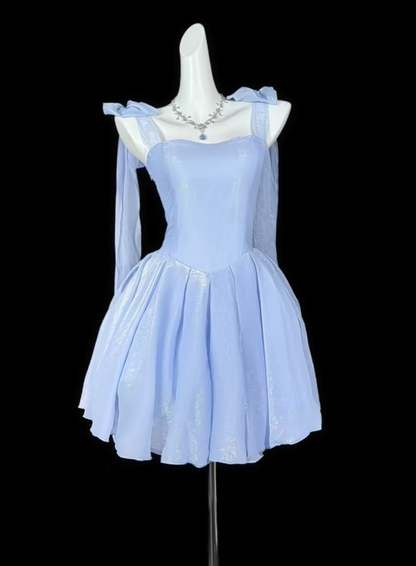 Cute Bow Straps Blue Satin A Line Short 19th Birthday Outfits,Mini Birthday Party Dress D4165