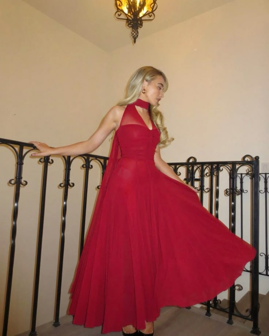 Charming Red V Neck Chiffon A Line Long Birthday Party Dress Formal Wedding Guest Dress D1637