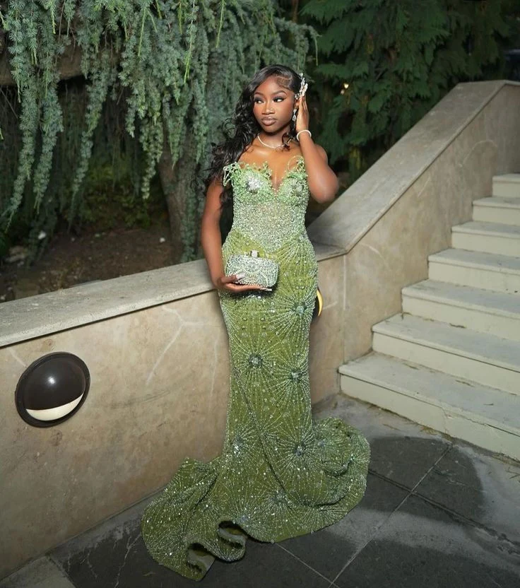 Luxurious Green Strapless Satin Sequin Beaded Mermaid Long Evening Gown Birthday Party Dress D4901