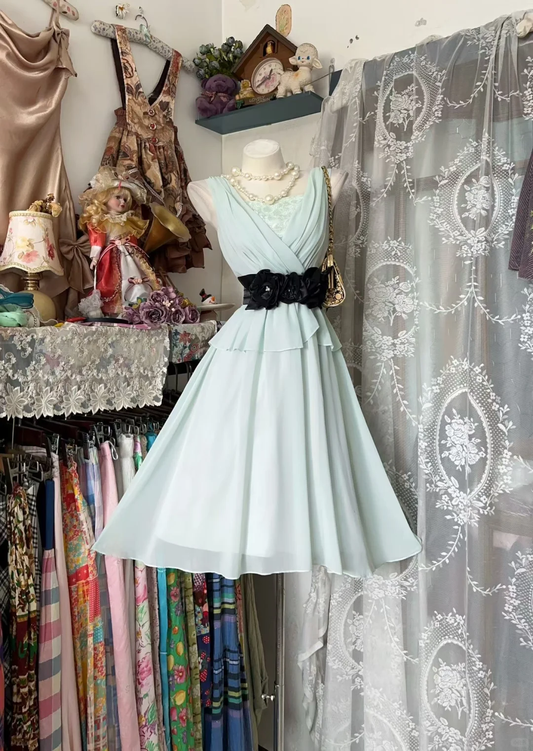 Classy Light Mint Blue Chiffon V Neck Sleeveless Short Birthday Outfits,Formal Graduation Homecoming Dress D3205