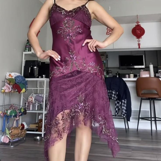 Vintage Grape Purple Satin Lace Beaded Mermaid Evening Dress,Spaghetti Straps V Neck Long Prom Dress D3476