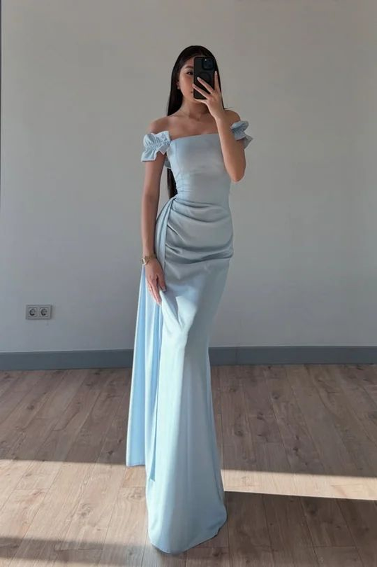 Mermaid Silk Satin Blue Long Evening Party Dress Prom Dresses With High Slit SD1342