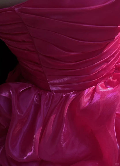 Sexy Hot Pink Satin Pleated Beaded A Line Short 6th Grade Homecoming Dress,Strapless Mini Birthday Dress D3382