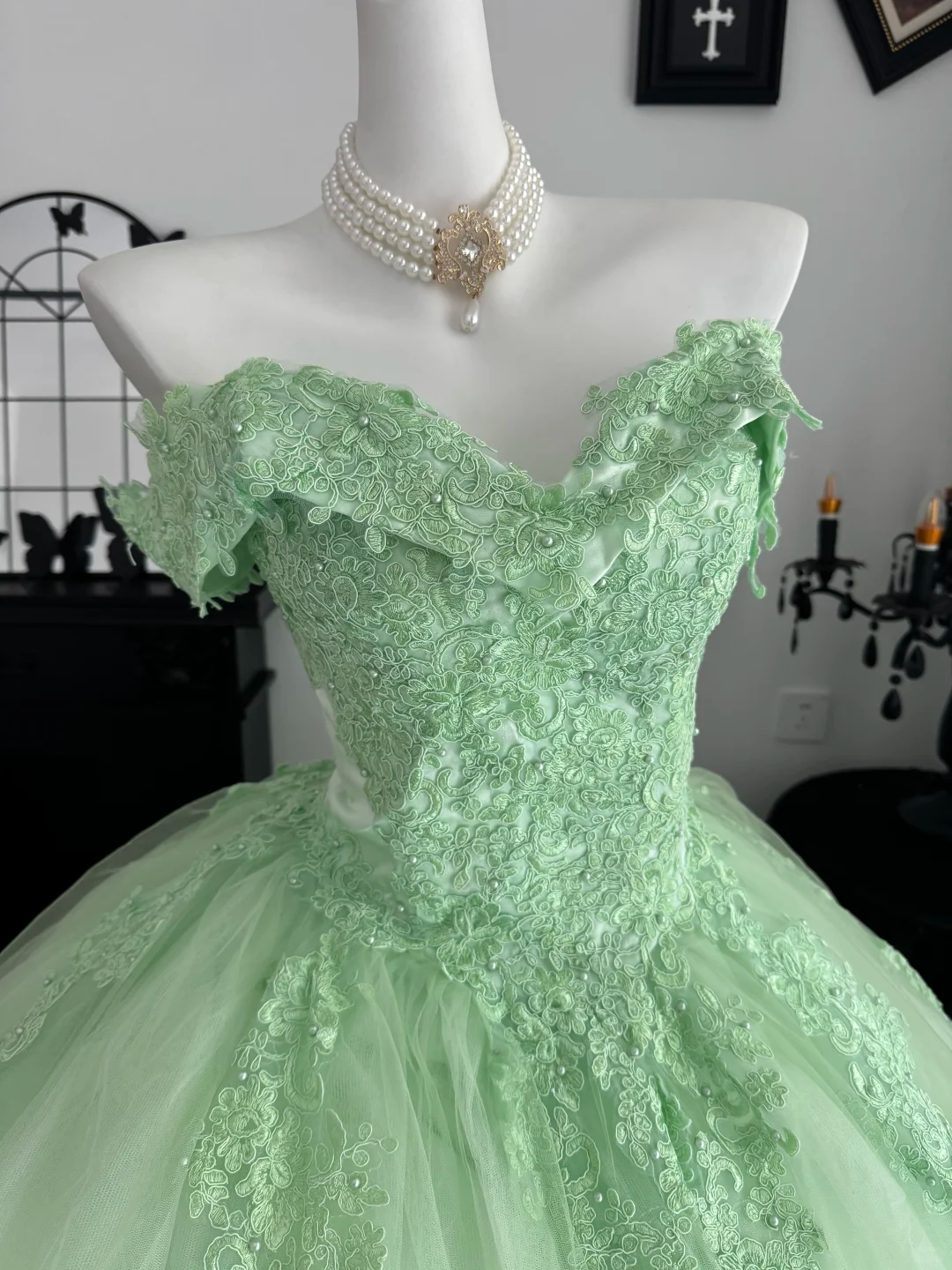 Cute Off The Shoulder Tulle Appliques Sweet 15 Dress,Green Quinceanera Dress With Bow D3722
