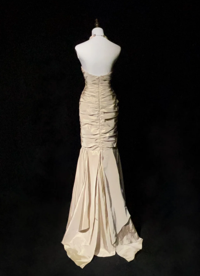 Elegant Strapless Satin Pleated Beaded Mermaid Long Wedding Guest Dress Formal Evening Dress Party Gown D1848