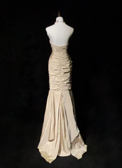 Elegant Strapless Satin Pleated Beaded Mermaid Long Wedding Guest Dress Formal Evening Dress Party Gown D1848