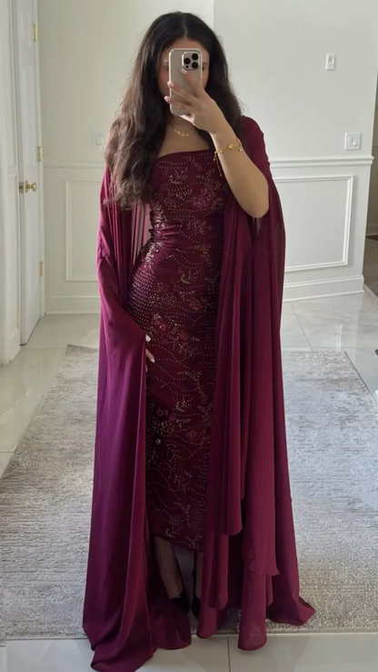 Pretty Burgundy Chiffon Beaded Sheath Long Party Dress Evening Dress D4932