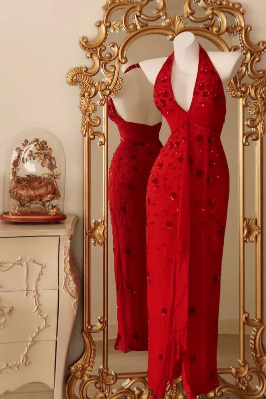 Gorgeous Red Halter V Neck Chiffon Sequin Sheath Long Party Dress Evening Gown D2783