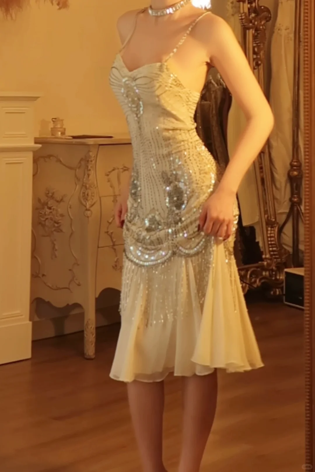 Sparkly Spaghetti Straps Chiffon Sequin Beaded Mermaid Evening Dress Birthday Prom Dress D2888