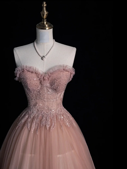 Pretty Sweetheart Neck Tulle Sequin Appliques Long Party Dress Pink Long Evening Dress D4834