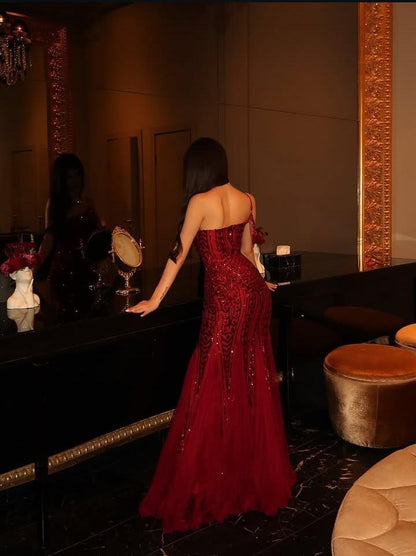 Charming Spaghetti Straps Tulle Sequin Beaded Mermaid Prom Dress Burgundy Long Birthday Evening Dress D5190