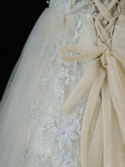 Gorgeous Gold Tulle Lace Embroidery Beaded A Line Long Birthday Prom Dress Evening Gown D2508