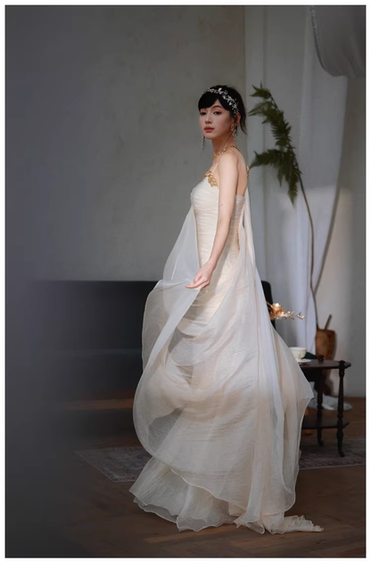 Charming Spaghetti Straps Light Apricot Chiffon Pleated Mermaid Long Evening Dress 18th Birthday Outfits D2451