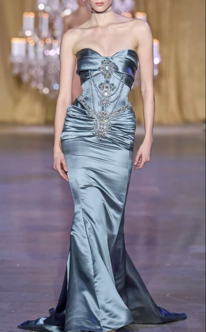 Elegant Sweetheart Neck Blue Satin Beaded Mermaid Long Evening Dress Birthday Prom Dresses D4808