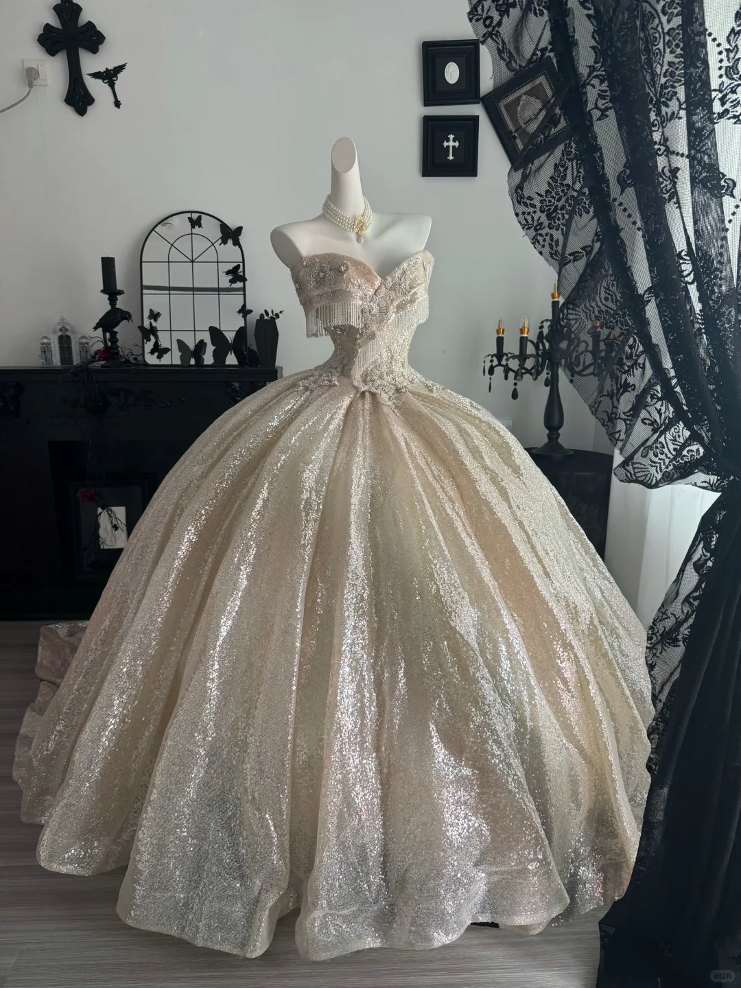Sparkly Light Champagne Sequin Beaded Floral Sweet 15 Dress,Off The Shoulder Quinceanera Dress D3711
