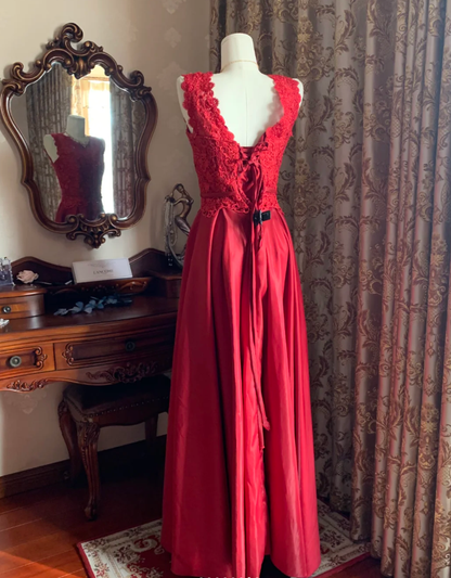Vintage Red Sleeveless Lace Satin A Line Long Paery Dress Birthday Prom Dress D1715