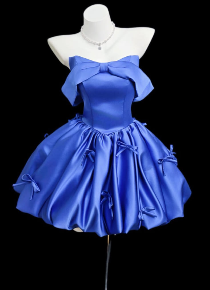Sweet Blue Bow Satin A Line Short 7th Grade Homecoming Dress,Formal 17th Birthday Outfits D3975
