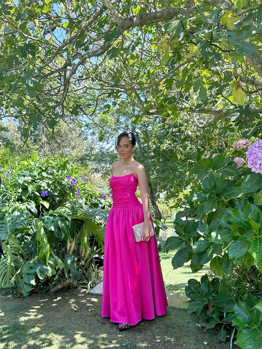 Fashion Hot Pink Satin A Line Long Bridesmaid Dress Formal Wedding Guest Dress D1156