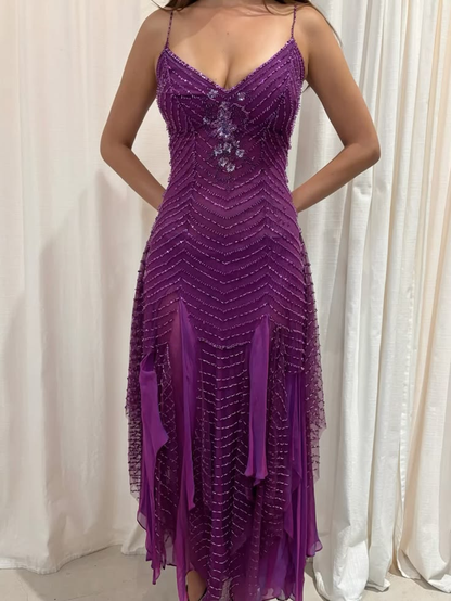 Gorgeous Spaghetti Straps V Neck Purple Chiffon Beaded Mermaid Long Party Dress Birthday Prom Gown D2872