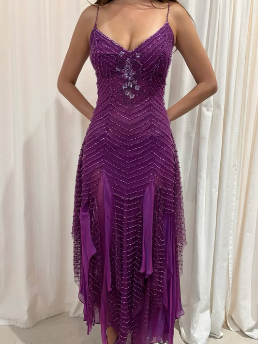 Gorgeous Spaghetti Straps V Neck Purple Chiffon Beaded Mermaid Long Party Dress Birthday Prom Gown D2872