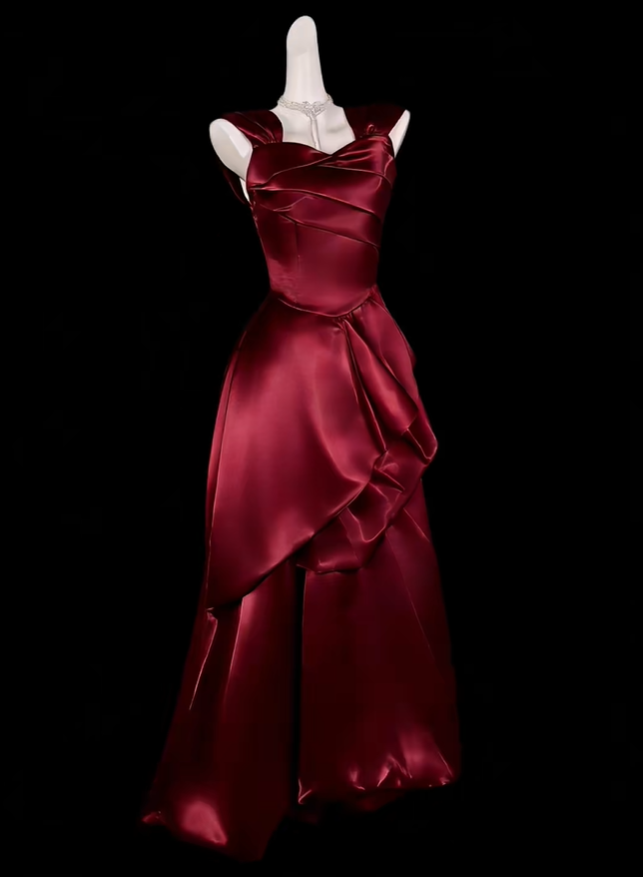 Fashion Burgundy Satin Pleated Long Birthday Party Dress,Formal Wedding Guest Dress D4202