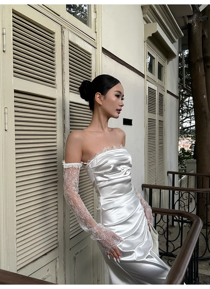 Classy White Off The Shoulder Satin Lace Mermaid Long Wedding Guest Dress Formal Evening Dress Prom Gown D2126